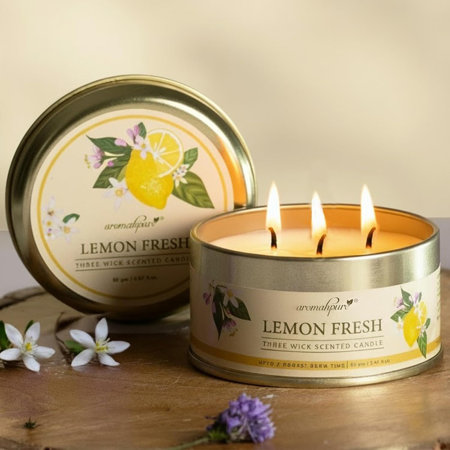 Buy 3 Wick Lemon Scented Candle | 7H Burn Time & Reusable Jar - Aromahpure