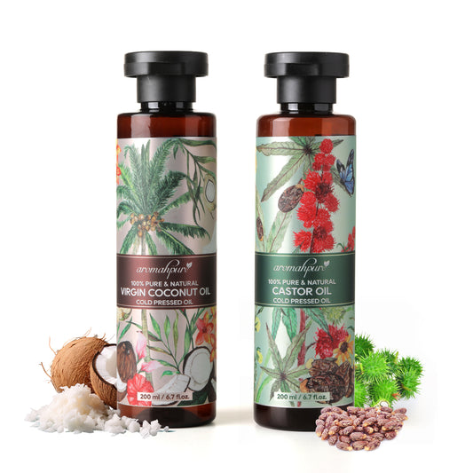 Aromahpure Cold Pressed Coconut Oil & Castor Oil Combo - 200 ml Each