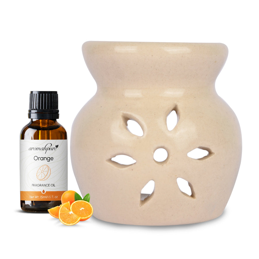 White Tealight Ceramic Floral Design Diffuser with 15 ml Fragrance Oil (Zesty Orange)