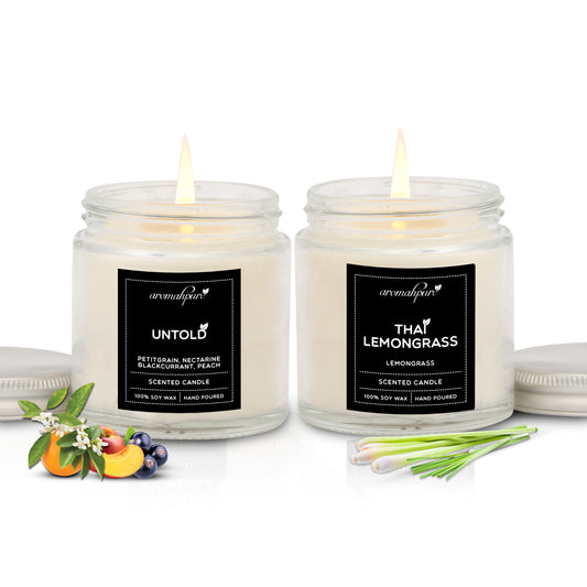 Aromahpure Soy Wax Screw Jar Candles, 55 Hours Burning Time Guaranteed  (Petitgrain, Nectarine, Blackcurrant & Peach , Thai Lemongrass)