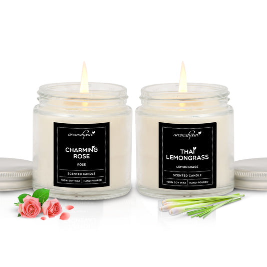 Aromahpure Soy Wax Screw Jar Candles, 55 Hours Burning Time Guaranteed (Rose, Lemongrass)