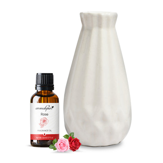 Aromahpure White Reed Ceramic Small Vase Diffuser with 50 ml  Fragrance Oil (Charming Rose)