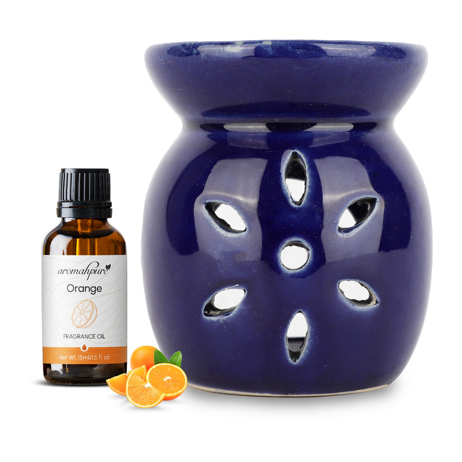 Blue Tealight Ceramic Floral Design Diffuser with 15 ml Fragrance Oil (Zesty Orange)