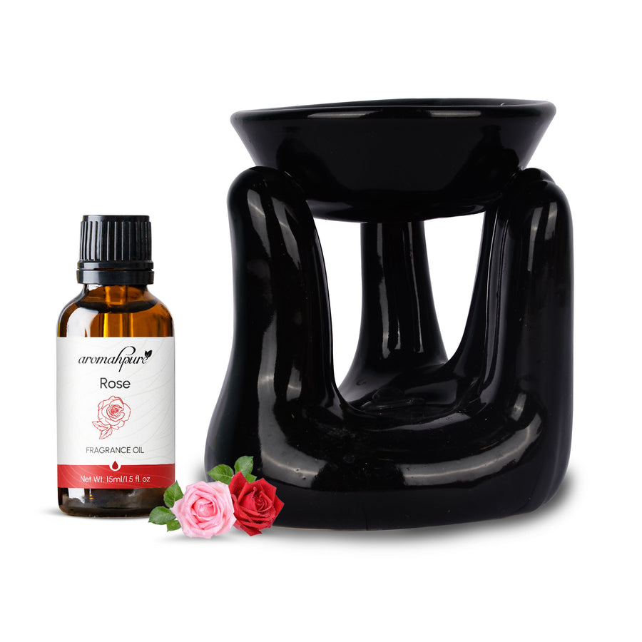 Aromahpure Black Tealight Ceramic Hand Design Diffuser with 15 ml Fragrance Oil (Charming Rose)+ Scented Tealight Candle (Pack of 20)