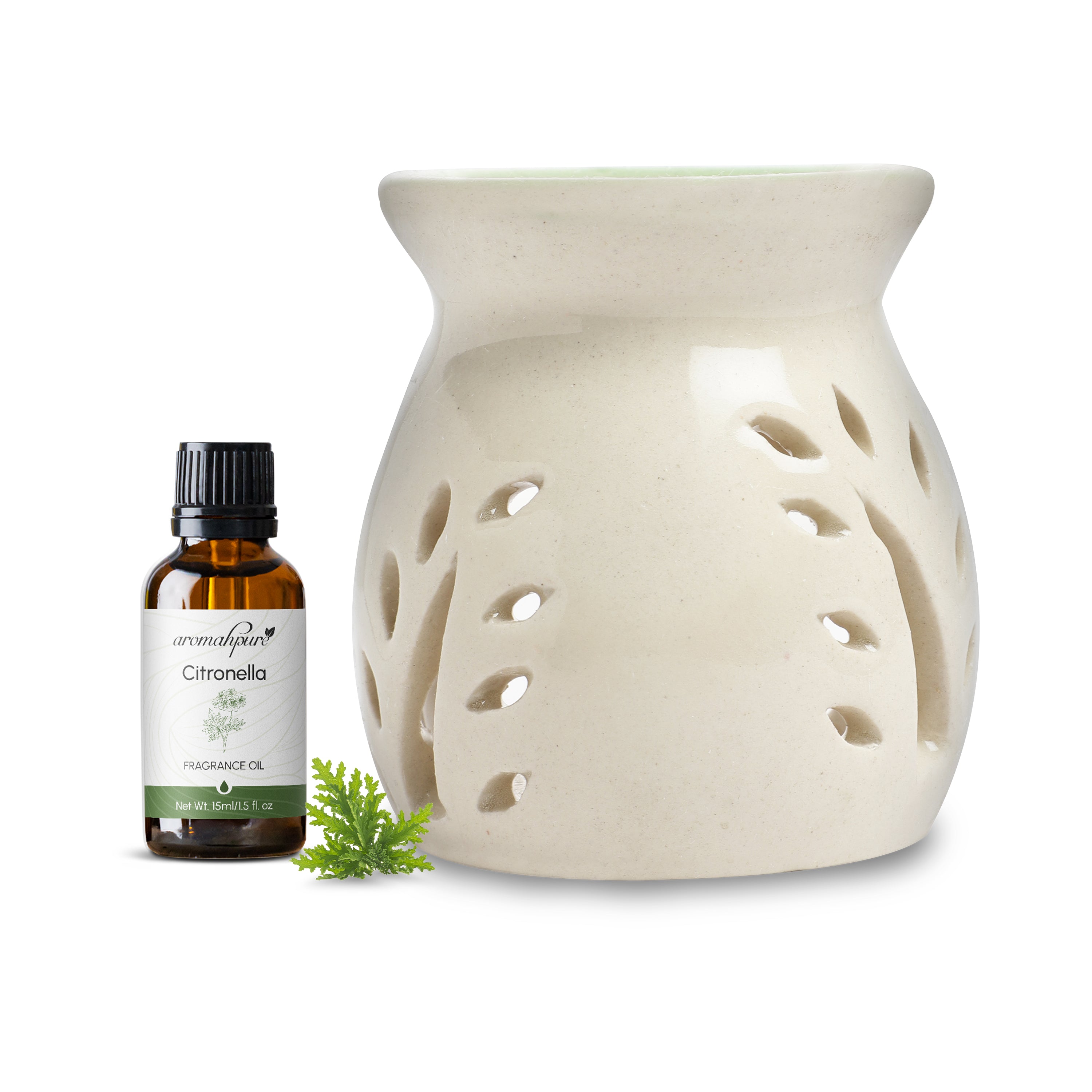 White Tealight Ceramic Leaves Design Diffuser with 15 ml Fragrance Oil (Natural Citronella)