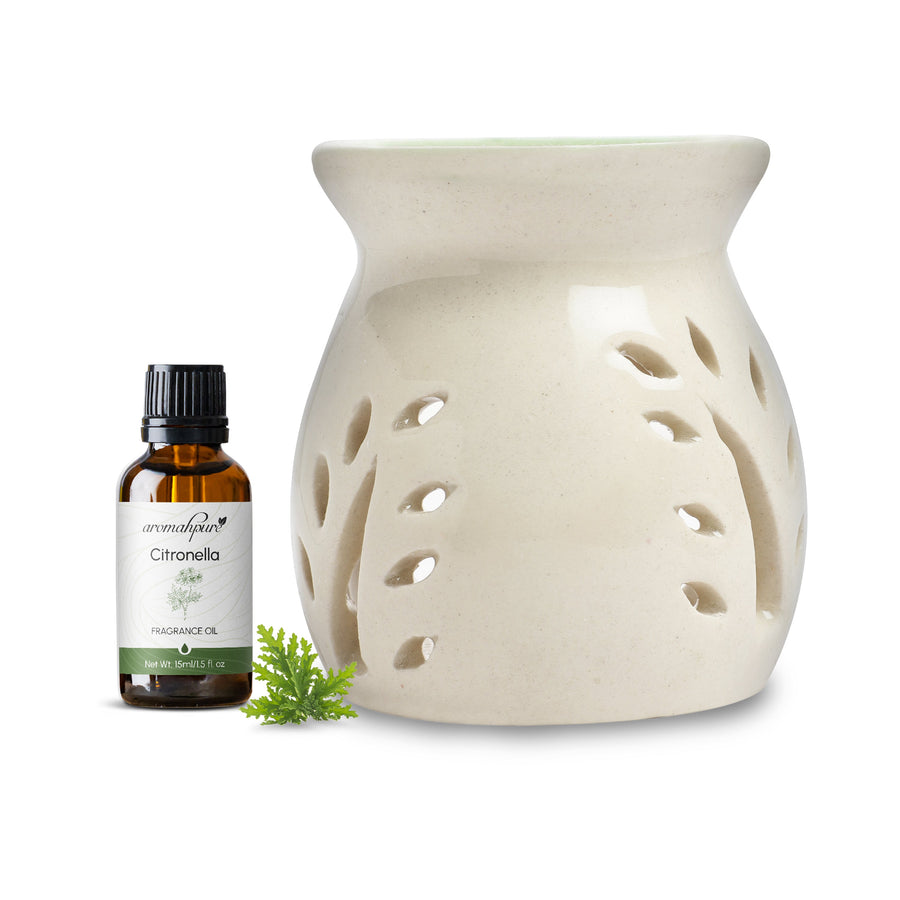 White Tealight Ceramic Leaves Design Diffuser with 15 ml Fragrance Oil (Natural Citronella)