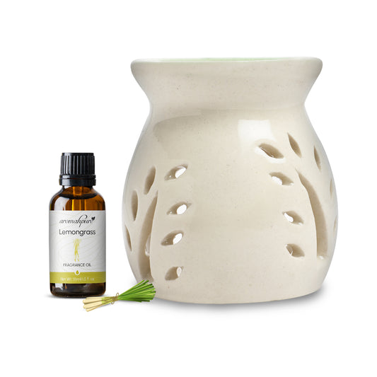 White Tealight Ceramic Leaves Diffuser with 15 ml Fragrance Oil (Thai Lemongrass)