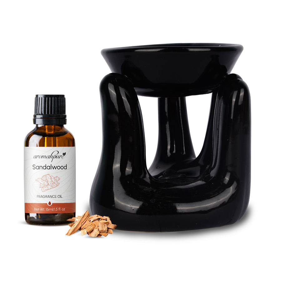 Aromahpure Black Tealight Ceramic Hand Design Diffuser with 15 ml Fragrance Oil (White Sandalwood)+ Scented Tealight Candle (Pack of 20)