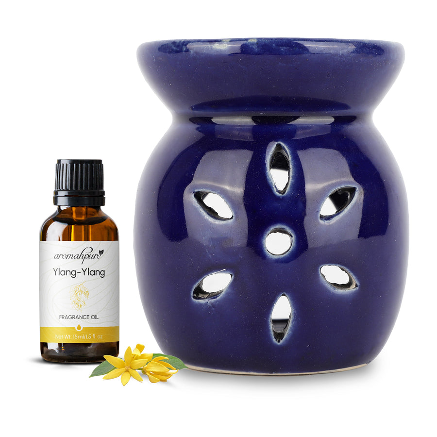 Aromahpure Blue Tealight Ceramic Floral Design Diffuser with 15 ml Fragrance Oil (Ylang Ylang Secret)+ Scented Tealight Candle (Pack of 20)