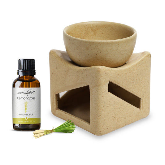 Brown Tealight Ceramic Square with Bowl Design Diffuser with 15 ml Fragrance Oil (Thai Lemongrass)