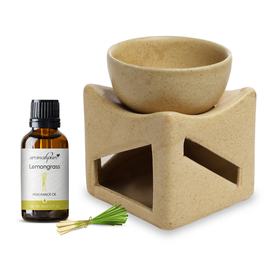 Aromahpure Brown Tealight Ceramic Square with Bowl Design Diffuser with 15 ml Fragrance Oil (Thai Lemongrass)+ Scented Tealight Candle (Pack of 20)