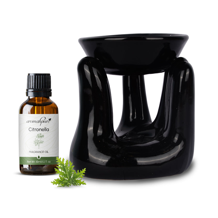 Aromahpure Black Tealight Ceramic Hand Design Diffuser with 15 ml Fragrance Oil (Natural Citronella) + Scented Tealight Candle (Pack of 20)