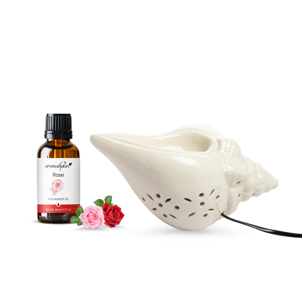 White Electric Ceramic Shell Design Diffuser with 15 ml Fragrance Oil ( Charming Rose )