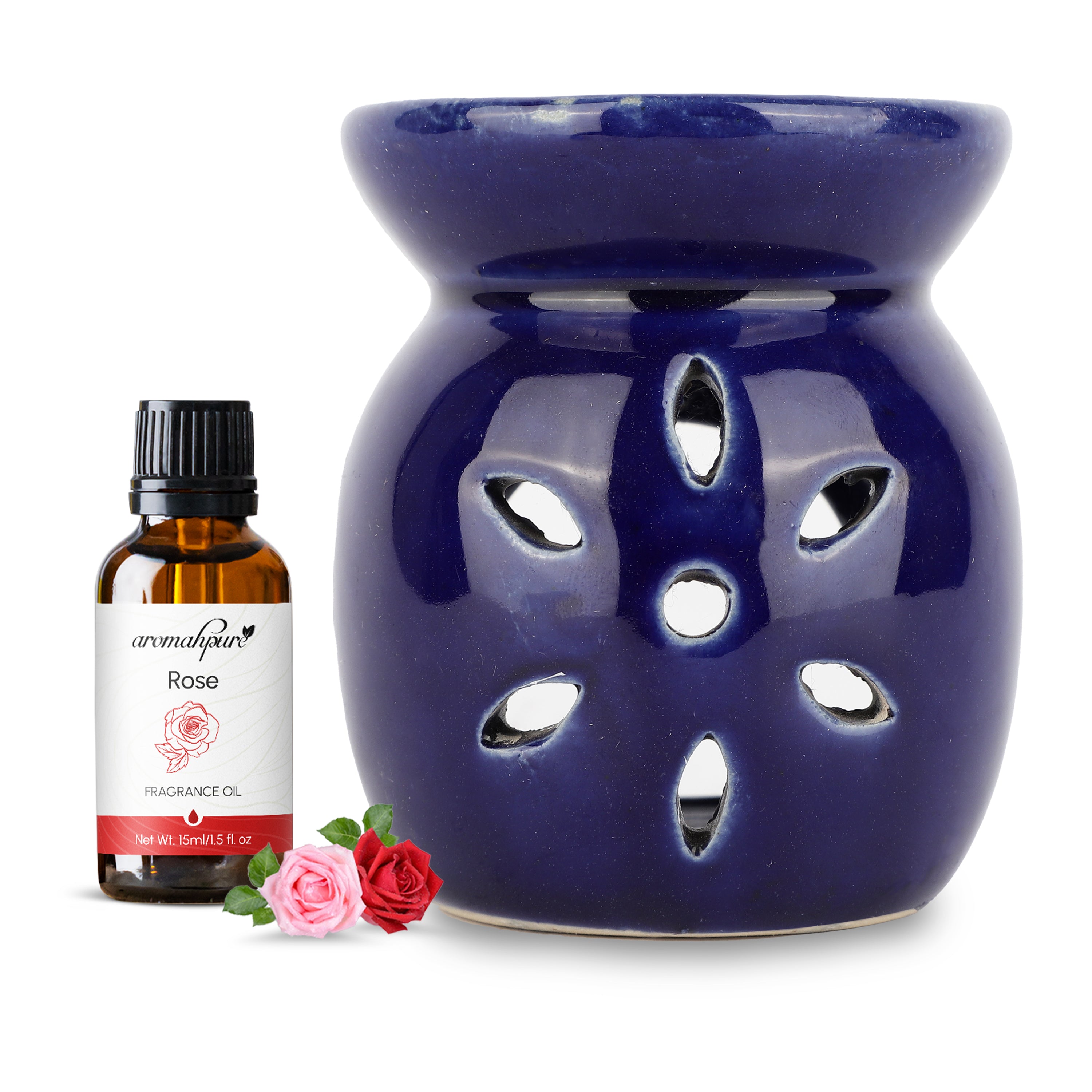 Blue Tealight Ceramic Floral Design Diffuser with 15 ml Fragrance Oil (Charming Rose)