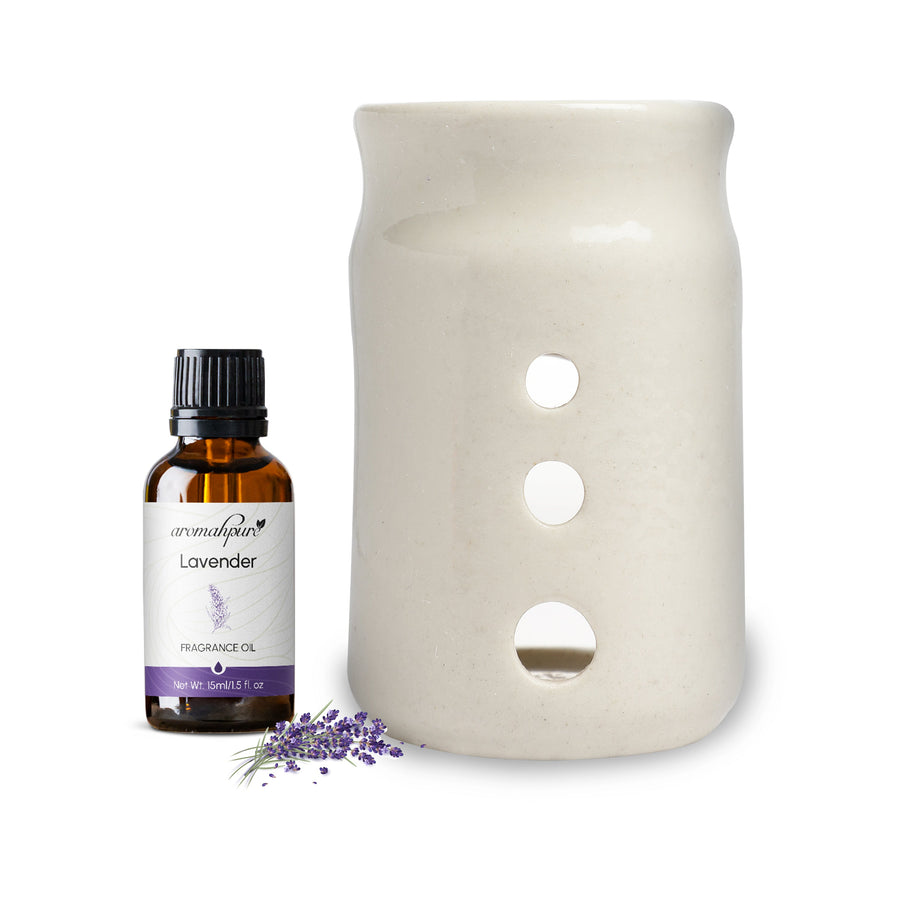 White Tealight Ceramic Cylindrical with Dots Design Diffuser with 15 ml Fragrance Oil (Joyful Lavender)