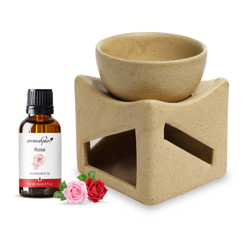 Brown Tealight Ceramic Square with Bowl Design Diffuser with 15 ml Fragrance Oil (Charming Rose)