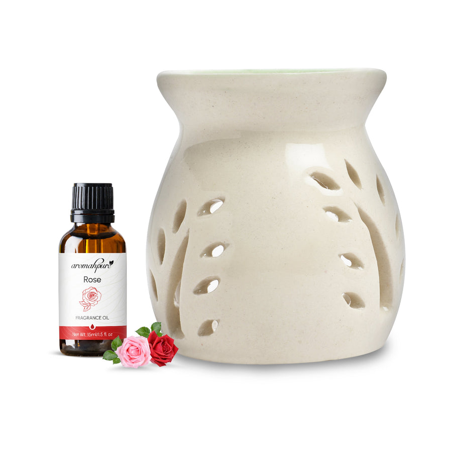 White Tealight Ceramic Leaves Design Diffuser with 15 ml Fragrance Oil (Charming Rose)