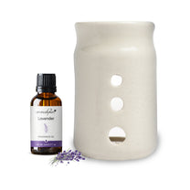 Aromahpure White Tealight Ceramic Cylindrical with Dots Design Diffuser with 15 ml Fragrance Oil (Joyful Lavender)+ Scented Tealight Candle (Pack of 20)