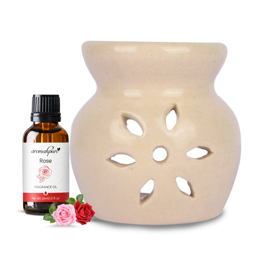 White Tealight Ceramic Floral Design Diffuser with 15 ml Fragrance Oil (Charming Rose)