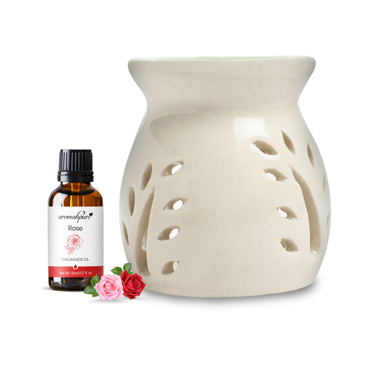 White Tealight Ceramic Leaves Diffuser with 15 ml Fragrance Oil (Charming Rose)