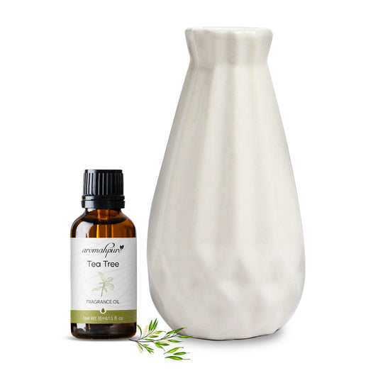 Aromahpure White Reed Ceramic Small Vase Diffuser with 50 ml Fragrance Oil (Earthy Tea Tree)