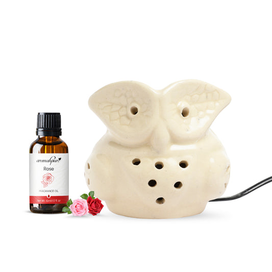 Brown Electric Ceramic Owl Diffuser with 15 ml Fragrance Oil ( Charming Rose )