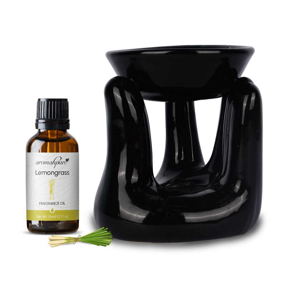 Black Tealight Ceramic Hand Design Diffuser (Thai Lemongrass) + Scented Tealight Candle Pack of 20 - product image