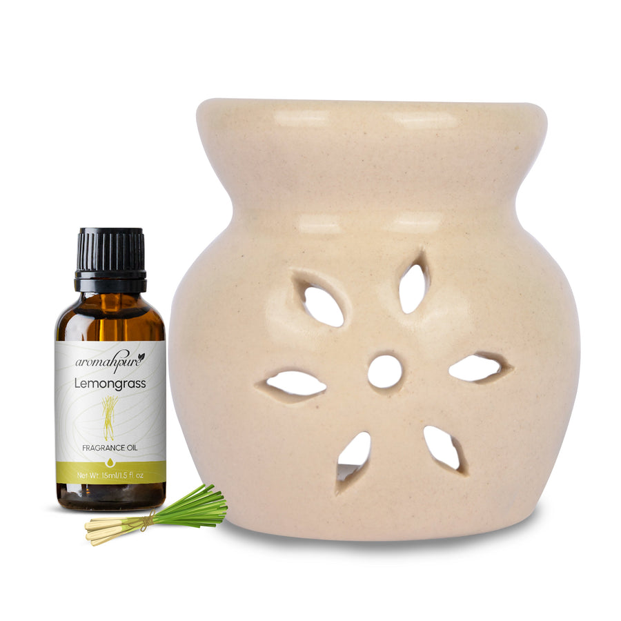 White Tealight Ceramic Floral Design Diffuser with 15 ml Fragrance Oil (Thai Lemongrass)