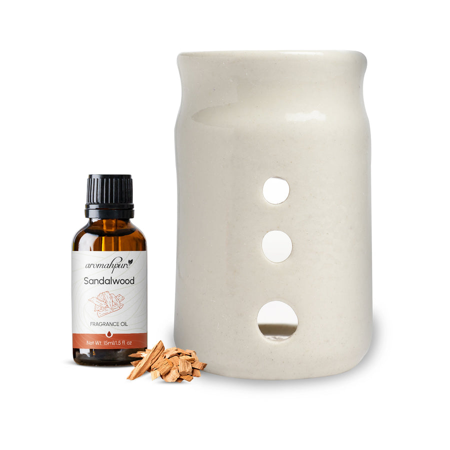 White Tealight Ceramic Cylindrical with Dots Design Diffuser with 15 ml Fragrance Oil (White Sandalwood)