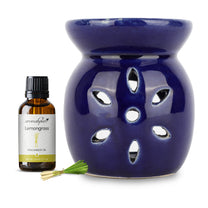 Aromahpure Blue Tealight Ceramic Floral Design Diffuser with 15 ml Fragrance Oil (Thai Lemongrass)+ Scented Tealight Candle (Pack of 20)
