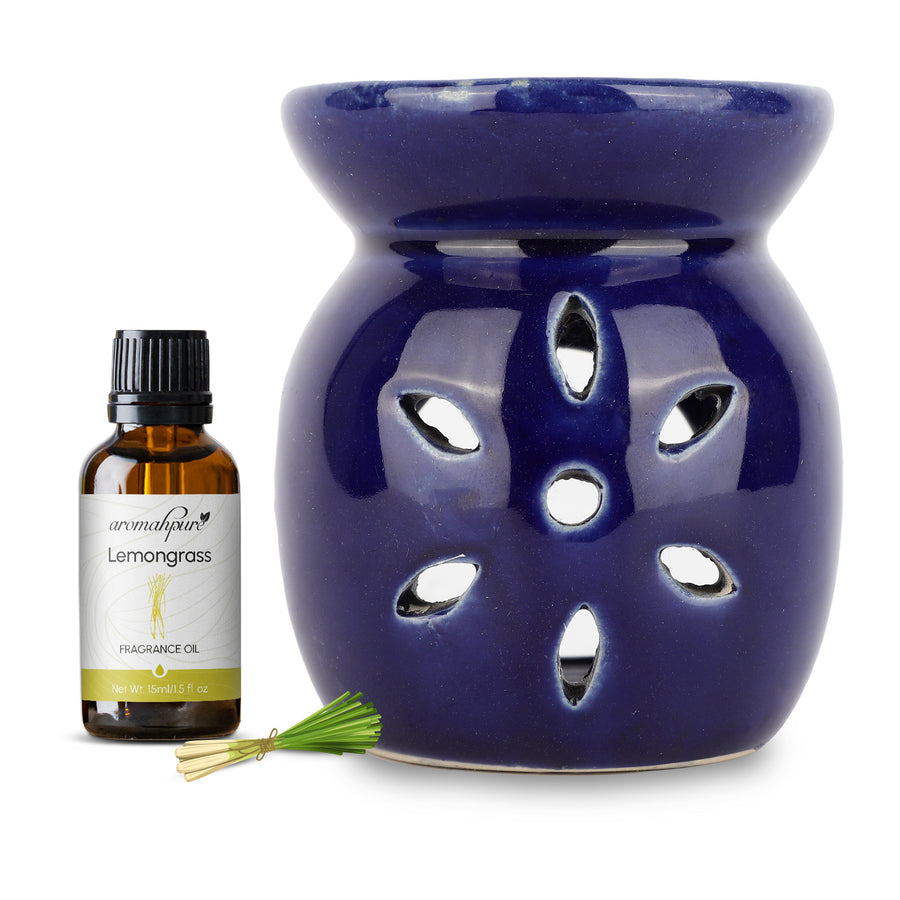 Aromahpure Blue Tealight Ceramic Floral Design Diffuser with 15 ml Fragrance Oil (Thai Lemongrass)+ Scented Tealight Candle (Pack of 20)