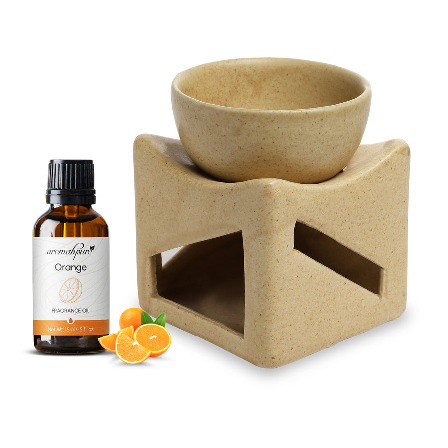 Aromahpure Brown Tealight Ceramic Square with Bowl Design Diffuser with 15 ml Fragrance Oil (Zesty Orange)+ Scented Tealight Candle (Pack of 20)