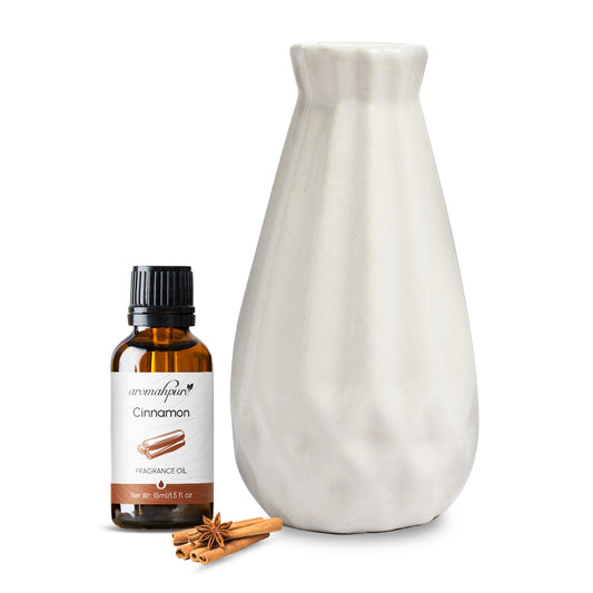 Aromahpure White Reed Ceramic Small Vase Diffuser with 50 ml Fragrance Oil (Warm Cinnamon)