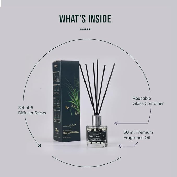 60 ml Reed Diffuser - Reusable glass container, set of 6 sticks & 60 ml fragrance oil