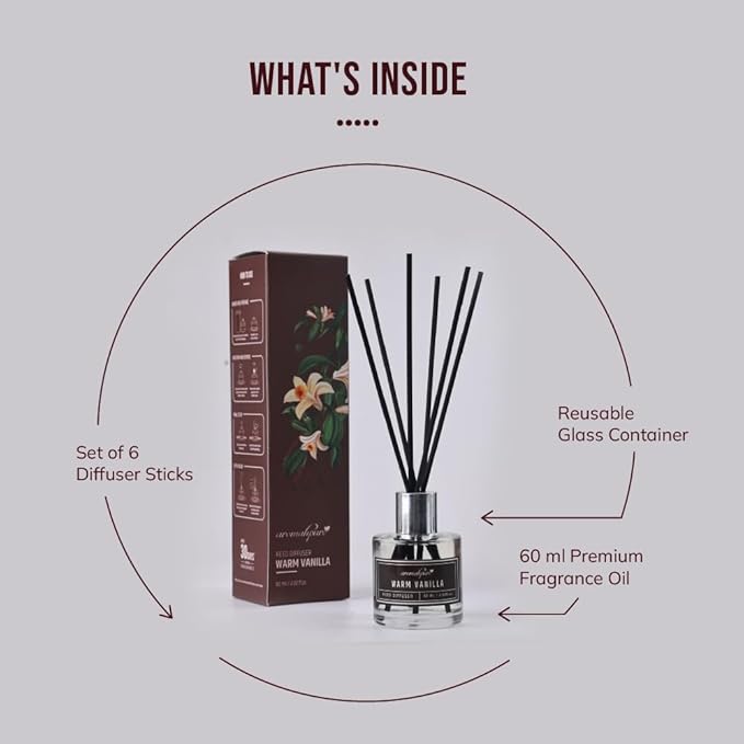 60 ml Reed Diffuser - Reusable glass container, set of 6 sticks & 60 ml fragrance oil