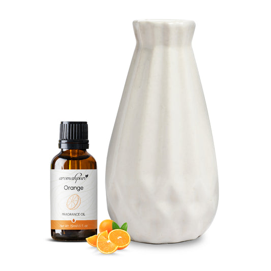 Aromahpure White Reed Ceramic Small Vase Diffuser with 50 ml Fragrance Oil (Zesty Orange)