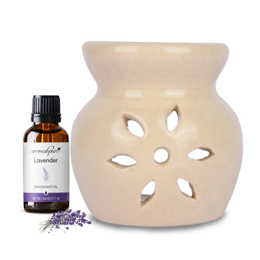 White Tealight Ceramic Floral Design Diffuser with 15 ml Fragrance Oil (Joyful Lavender)