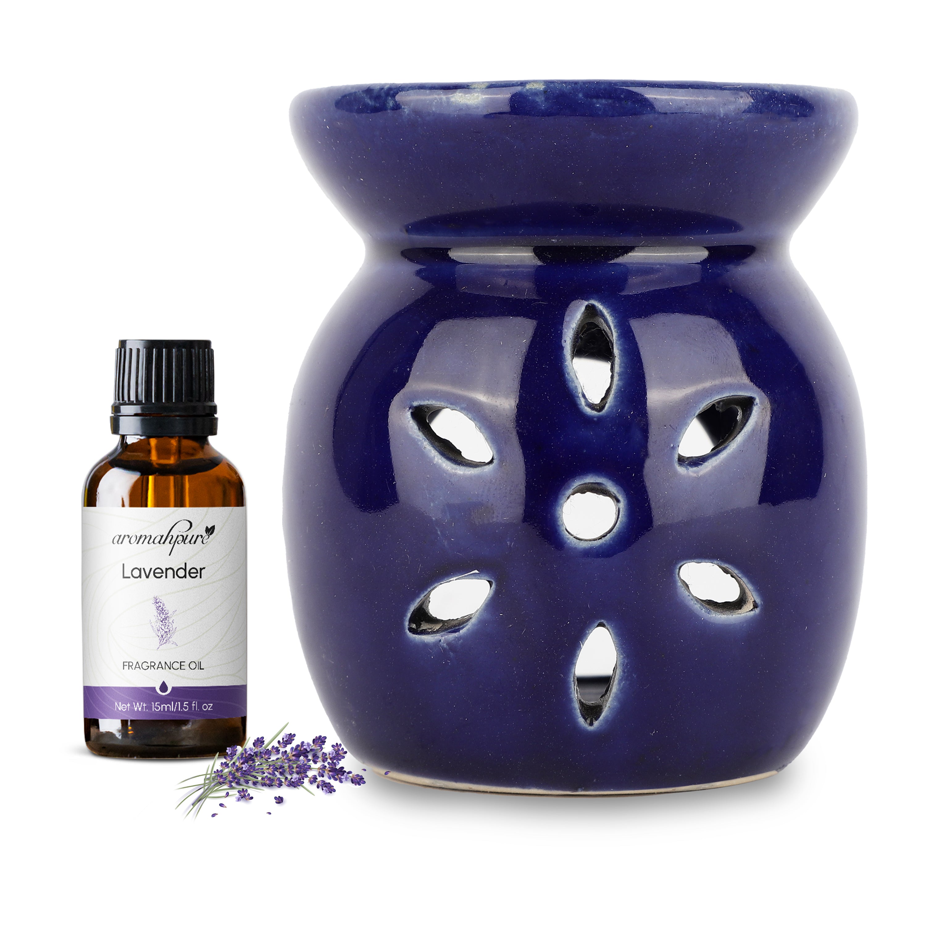 Blue Tealight Ceramic Floral Design Diffuser with 15 ml Fragrance Oil (Joyful Lavender)
