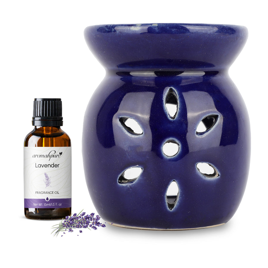 Blue Tealight Ceramic Floral Design Diffuser with 15 ml Fragrance Oil (Joyful Lavender)