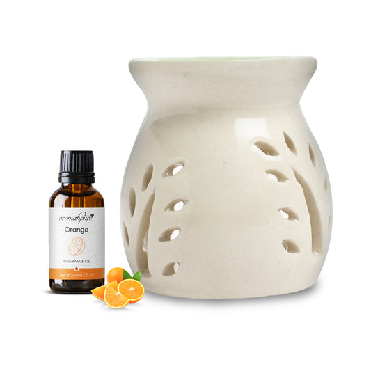 White Tealight Ceramic Leaves Diffuser with 15 ml Fragrance Oil (Zesty Orange)