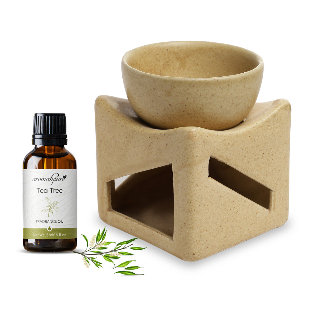 Brown Tealight Ceramic Square with Bowl Design Diffuser (Earthy Tea Tree) + Scented Tealight Candle Pack of 20 - product image