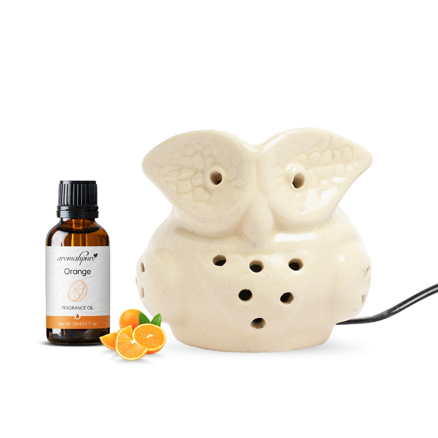 Brown Electric Ceramic Owl Design Diffuser with 15 ml Fragrance Oil ( Zesty Orange )