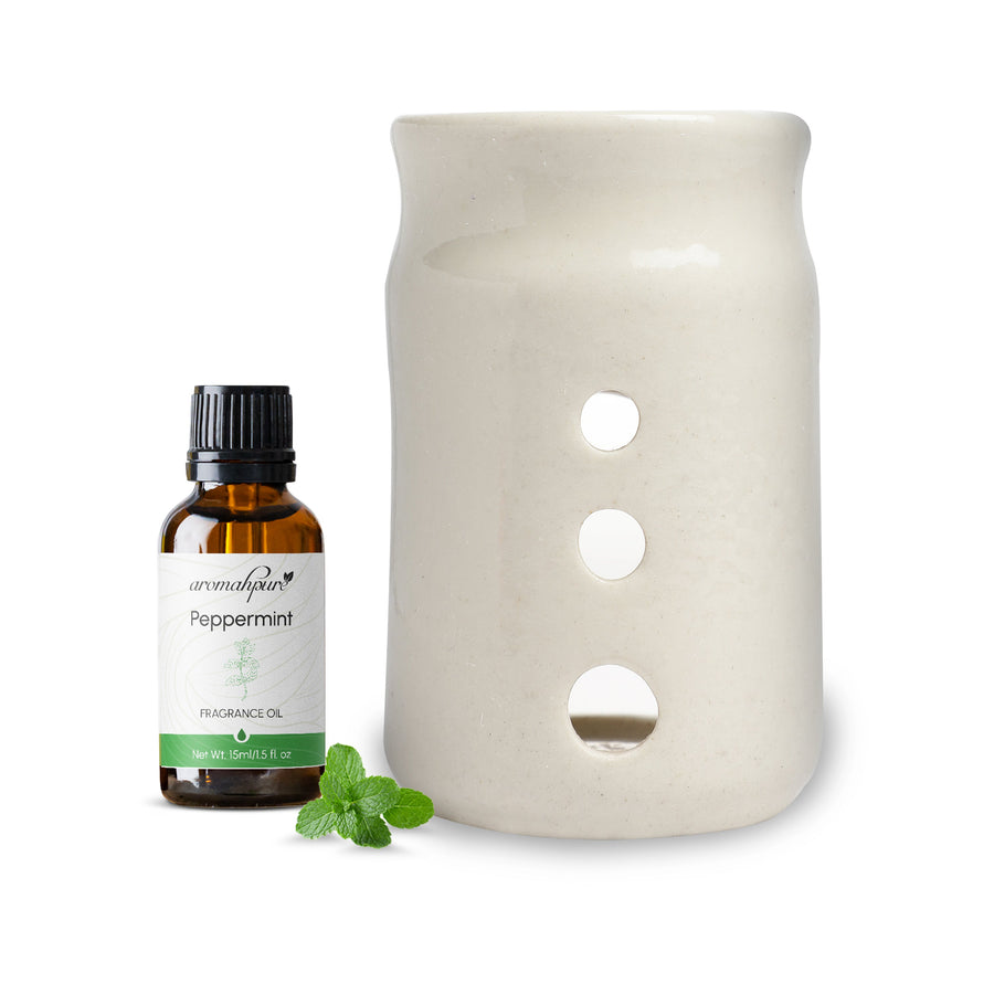 White Tealight Ceramic Cylindrical with Dots Design Diffuser with 15 ml (Peppermint Sensation)