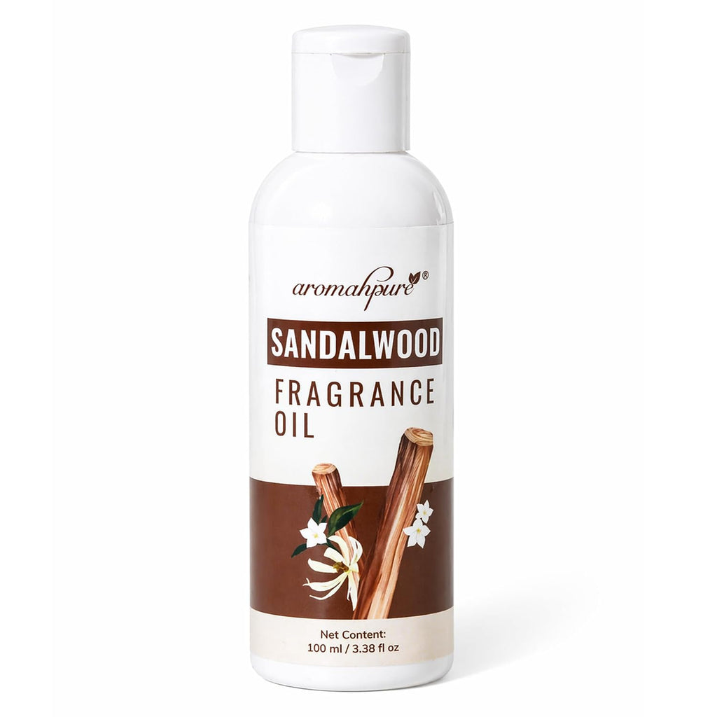A bottle of aromahpure Sandalwood Fragrance Oil, 100 ml