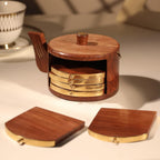 Orren Living 100% Sheesham Wood Coaster Set with Kettle-Shaped Stand – 6 Gold-Accented Coasters, Eco-Friendly, Durable & Easy to Clean – Elegant Addition to Any Coffee Table or Dining Area