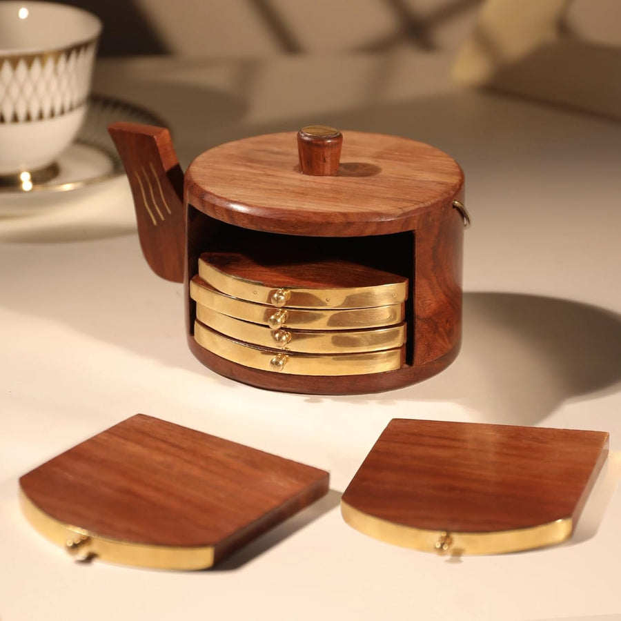 Orren Living 100% Sheesham Wood Coaster Set with Kettle-Shaped Stand – 6 Gold-Accented Coasters, Eco-Friendly, Durable & Easy to Clean – Elegant Addition to Any Coffee Table or Dining Area