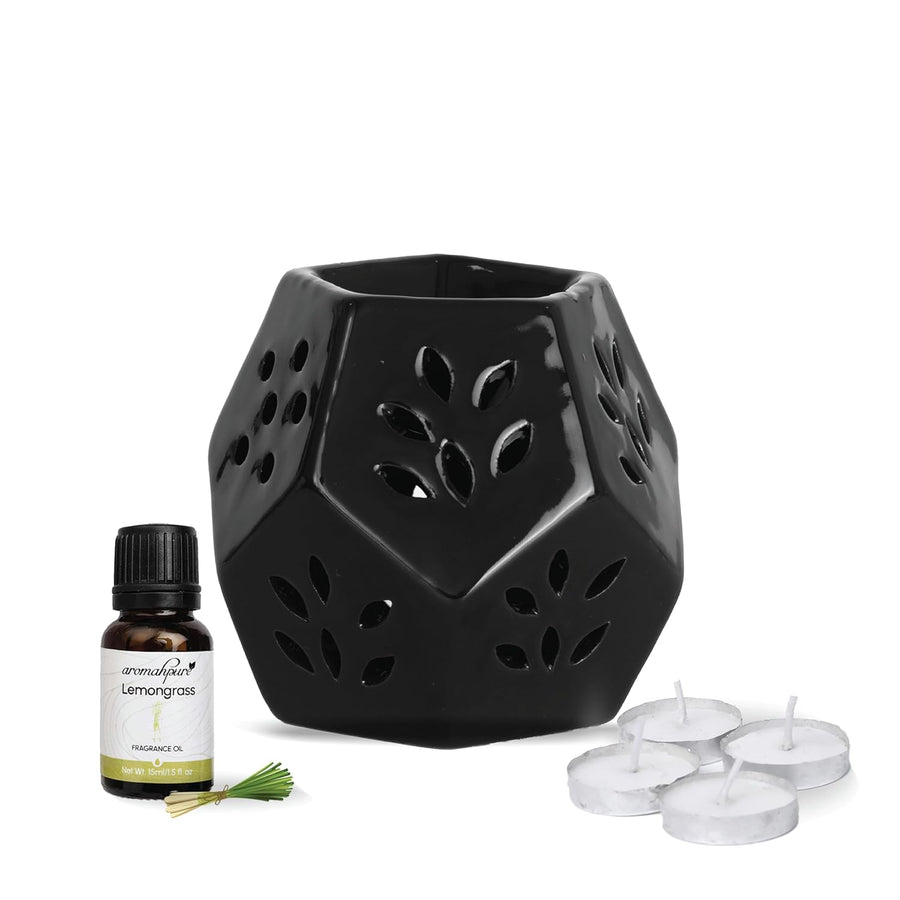 Aromahpure Tealight Ceramic Diffuser Pentagon Type Black Diffuser for Home, Mandir, Office, Desk Decoratives, Gifting