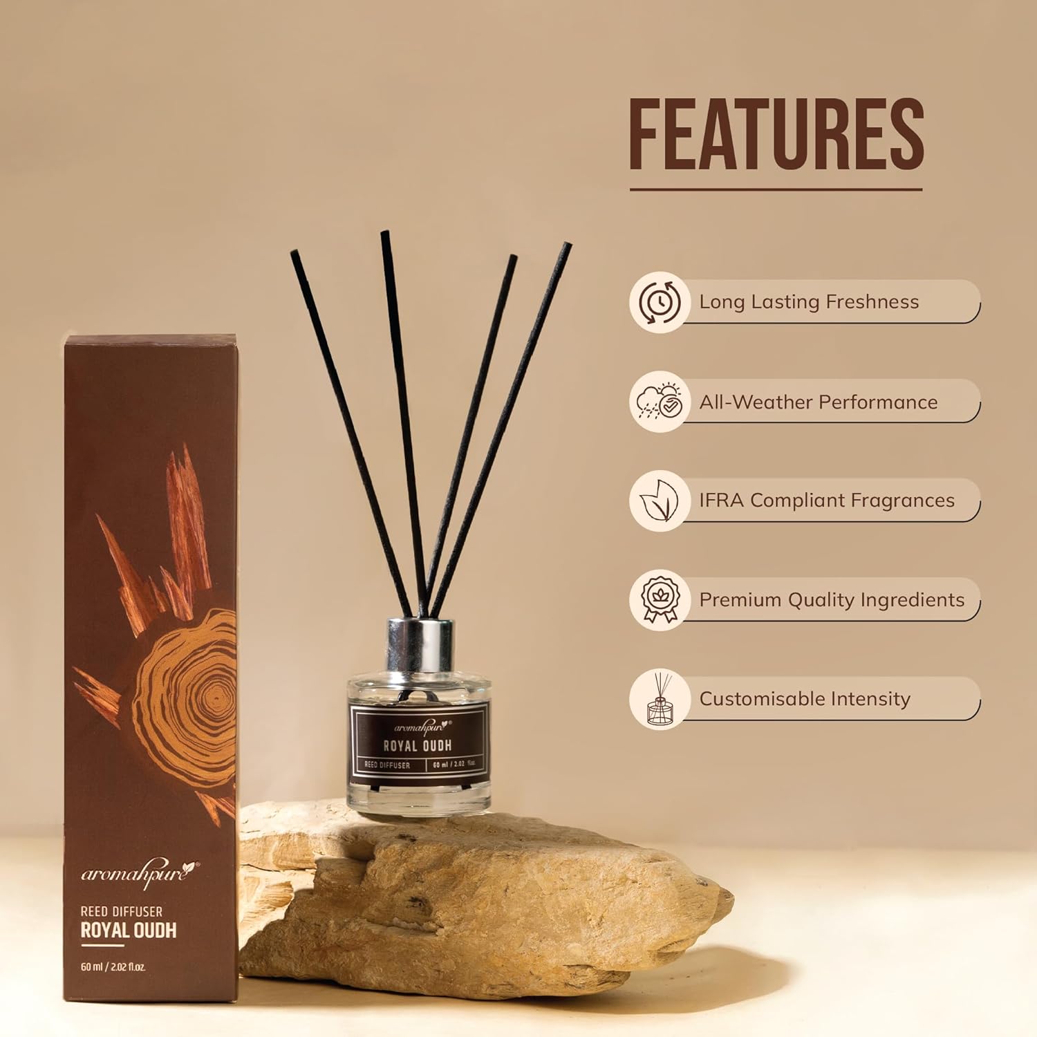 Royal Oudh Fragrance Reed Diffuser features