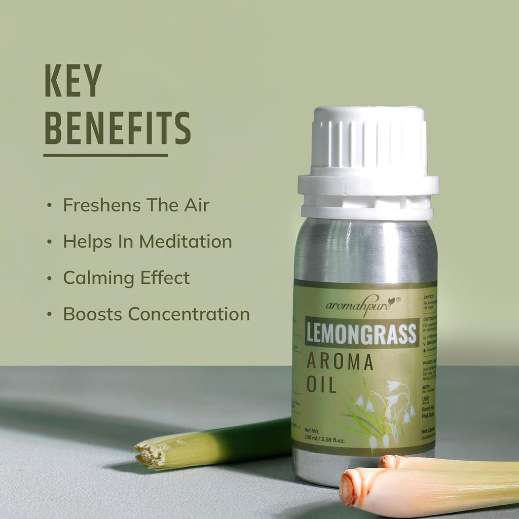 Lemongrass aroma oil bottle with key benefits listed on a light green background
