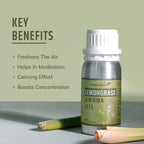 Lemongrass aroma oil bottle with key benefits listed on a light green background